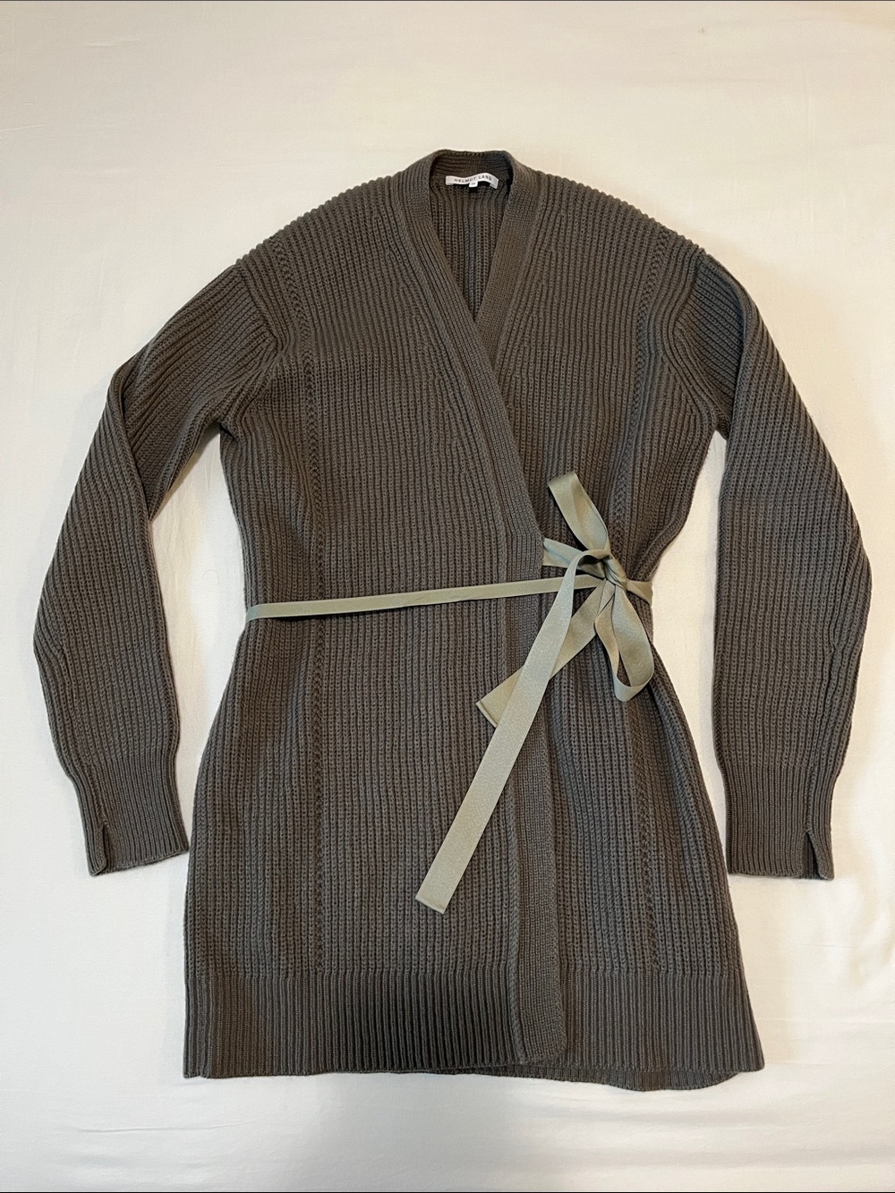 Helmut Lang Wool Cashmere Olive Green Tie Waist Belted Wrap Cardigan Sweater